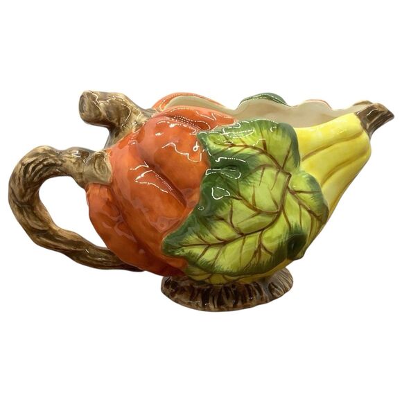 Vintage 1980s Bico Autumn Harvest Gourd Gravy Boat - Pumpkin & Leaf Fall Theme - Picture 2 of 8